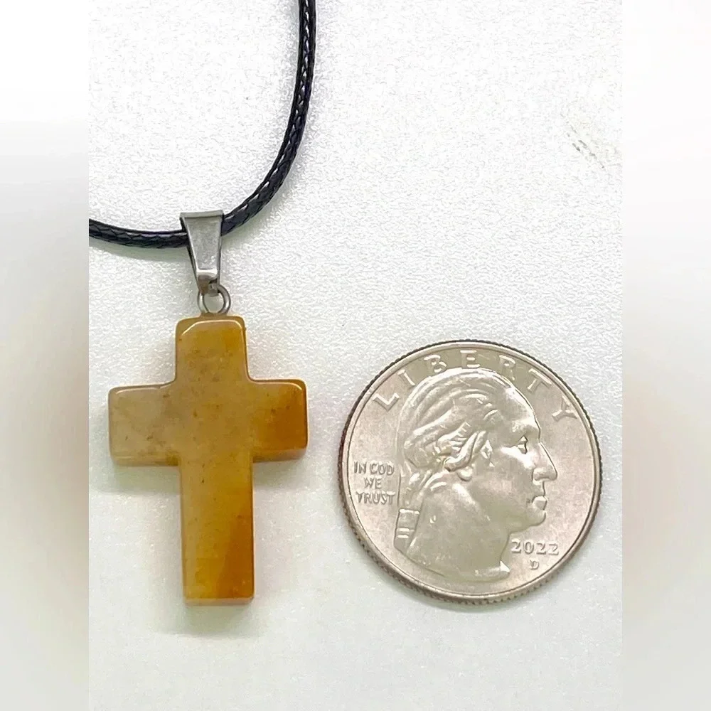 Carmel Adventurine Cross Natural Braided Stainless Steel Necklace NWT